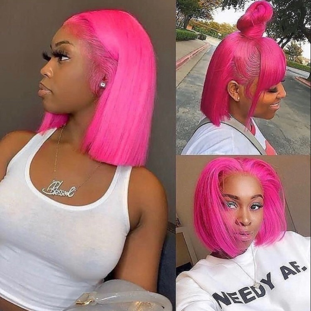 Pink bob Human Virgin Hair Pre Plucked Lace Front Wig